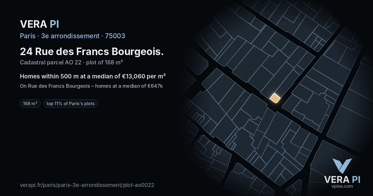 24 Rue des Francs Bourgeois, 3e arrondissement at night – the plot lit, the parcels around coloured by the prices near them
