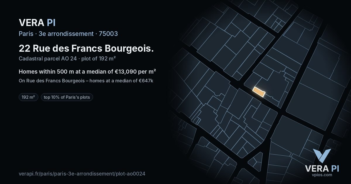 22 Rue des Francs Bourgeois, 3e arrondissement at night – the plot lit, the parcels around coloured by the prices near them
