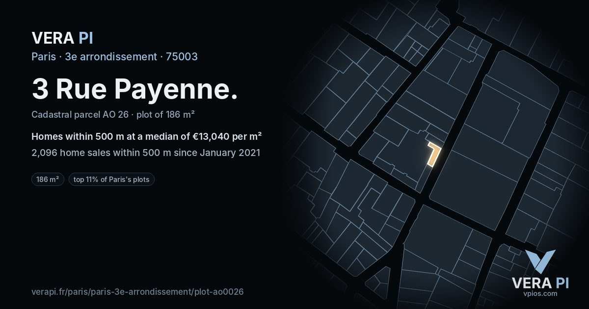 3 Rue Payenne, 3e arrondissement at night – the plot lit, the parcels around coloured by the prices near them