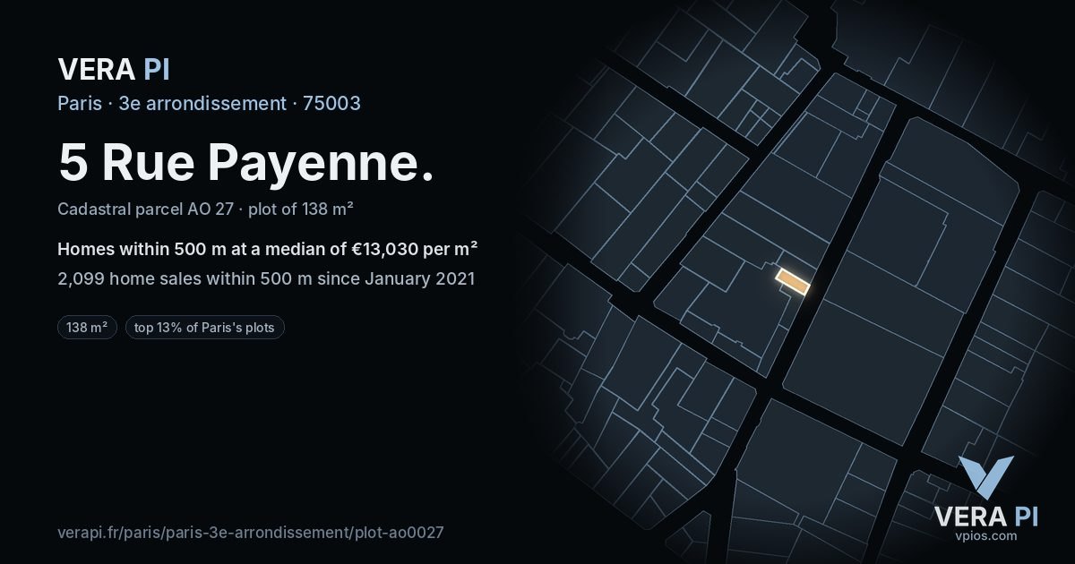 5 Rue Payenne, 3e arrondissement at night – the plot lit, the parcels around coloured by the prices near them