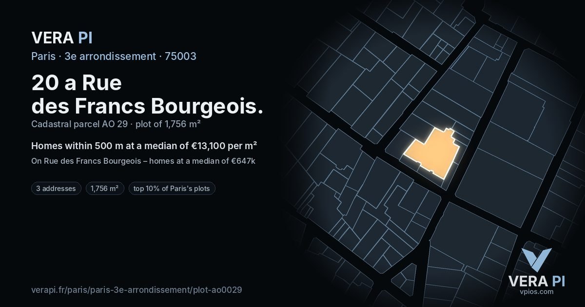 20 a Rue des Francs Bourgeois, 3e arrondissement at night – the plot lit, the parcels around coloured by the prices near them