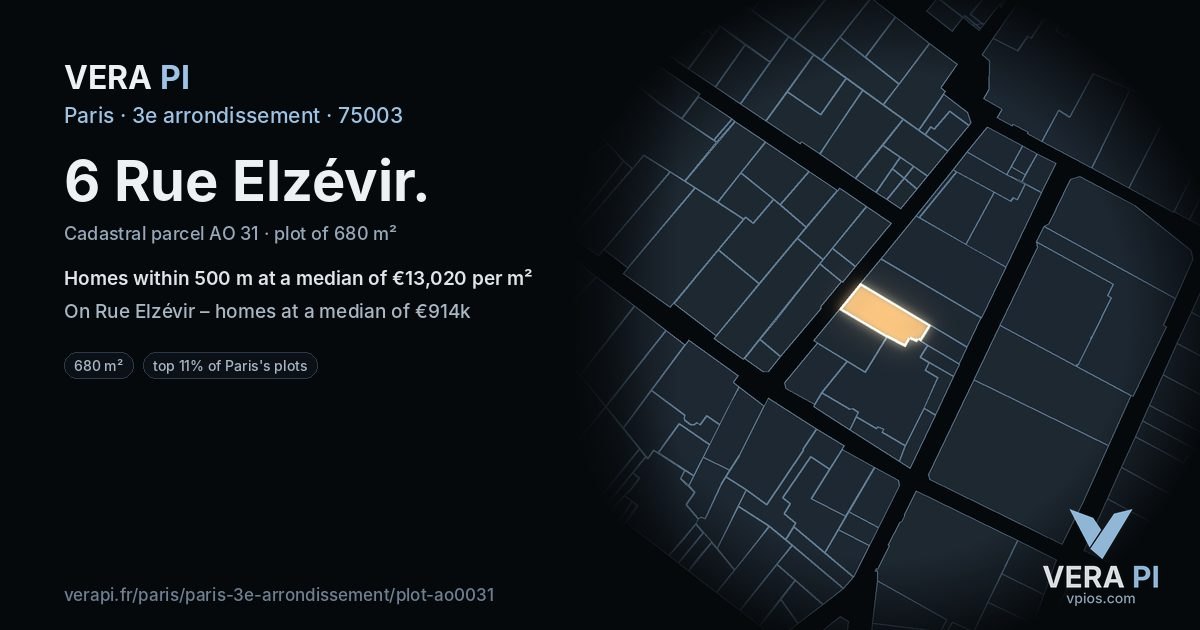 6 Rue Elzévir, 3e arrondissement at night – the plot lit, the parcels around coloured by the prices near them