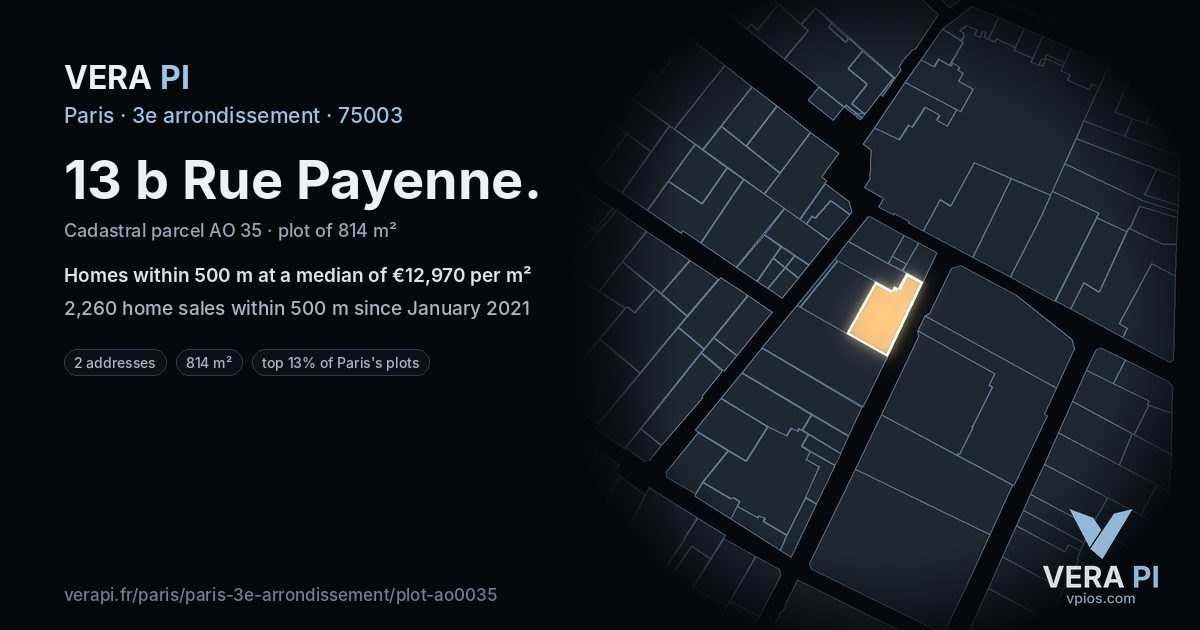 13 b Rue Payenne, 3e arrondissement at night – the plot lit, the parcels around coloured by the prices near them