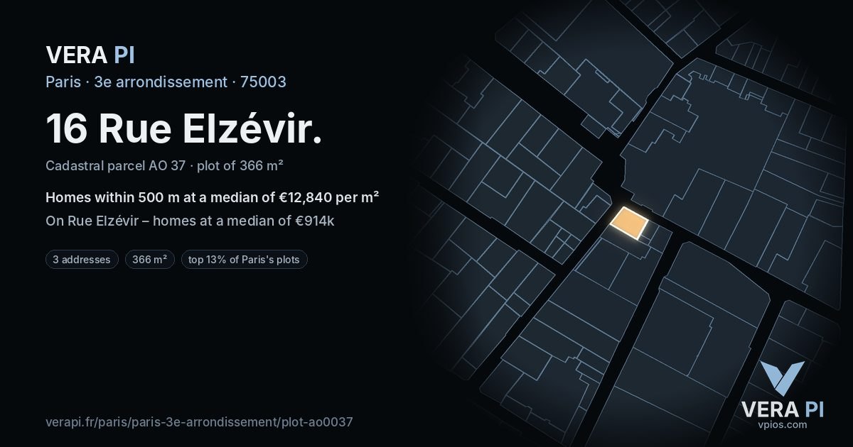 16 Rue Elzévir, 3e arrondissement at night – the plot lit, the parcels around coloured by the prices near them