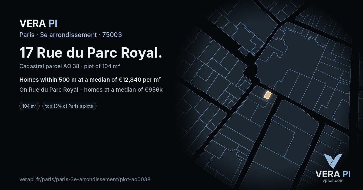 17 Rue du Parc Royal, 3e arrondissement at night – the plot lit, the parcels around coloured by the prices near them