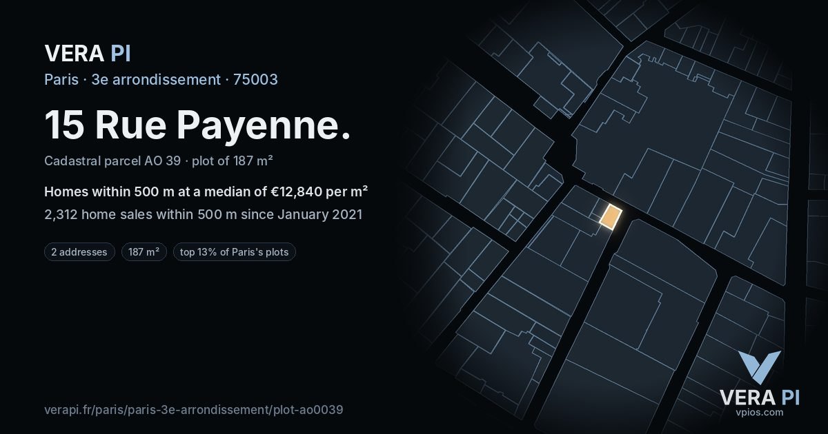 15 Rue Payenne, 3e arrondissement at night – the plot lit, the parcels around coloured by the prices near them