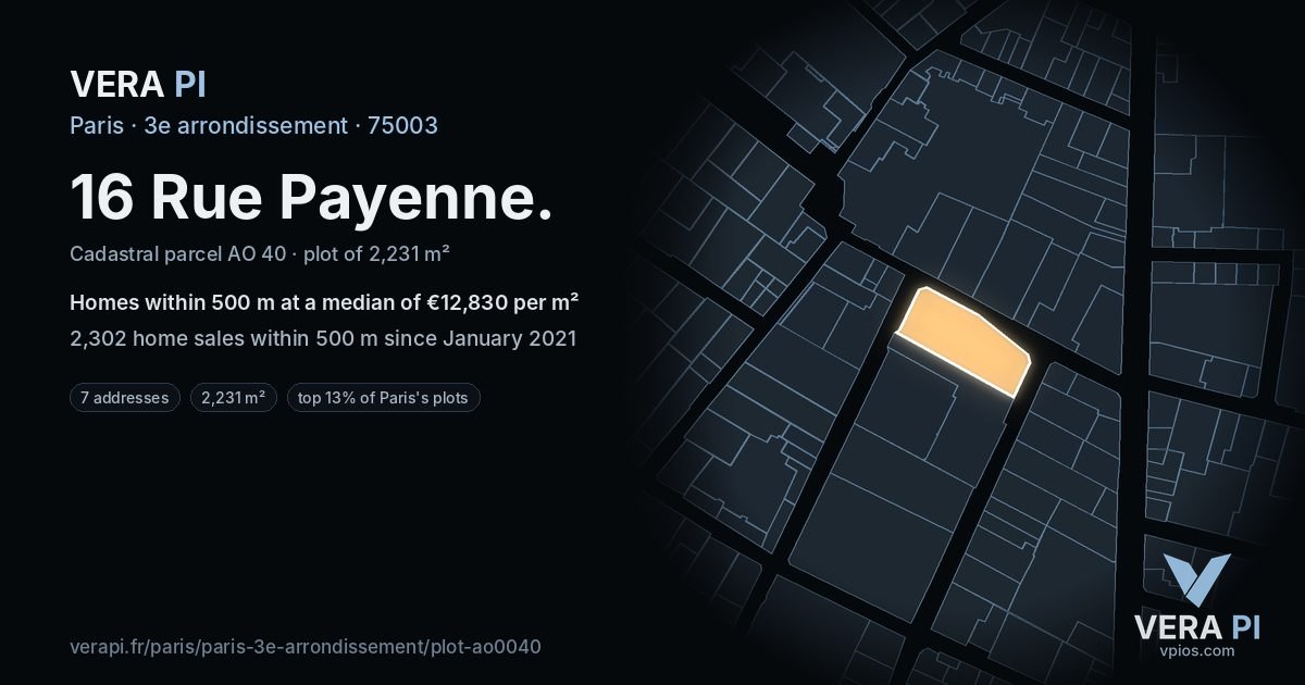 16 Rue Payenne, 3e arrondissement at night – the plot lit, the parcels around coloured by the prices near them