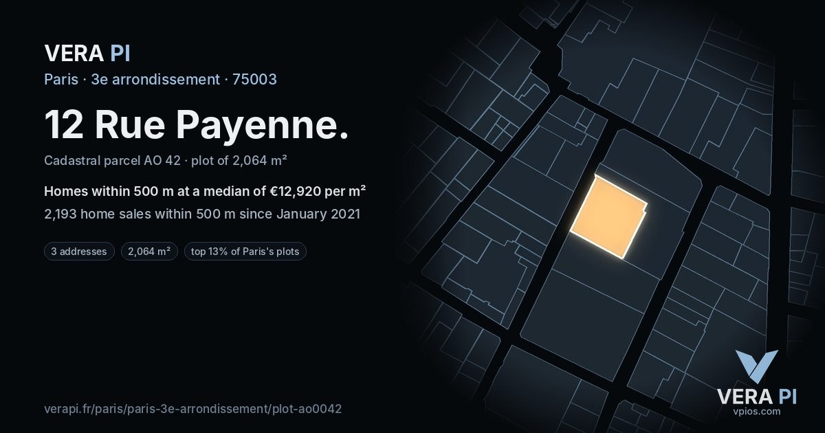 12 Rue Payenne, 3e arrondissement at night – the plot lit, the parcels around coloured by the prices near them