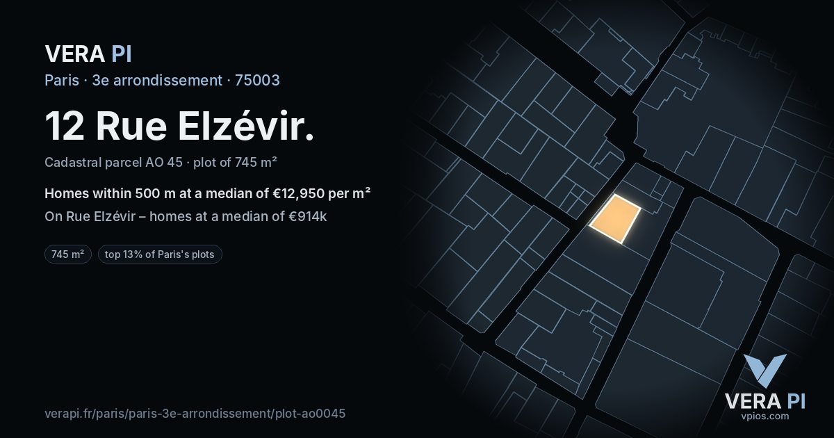 12 Rue Elzévir, 3e arrondissement at night – the plot lit, the parcels around coloured by the prices near them