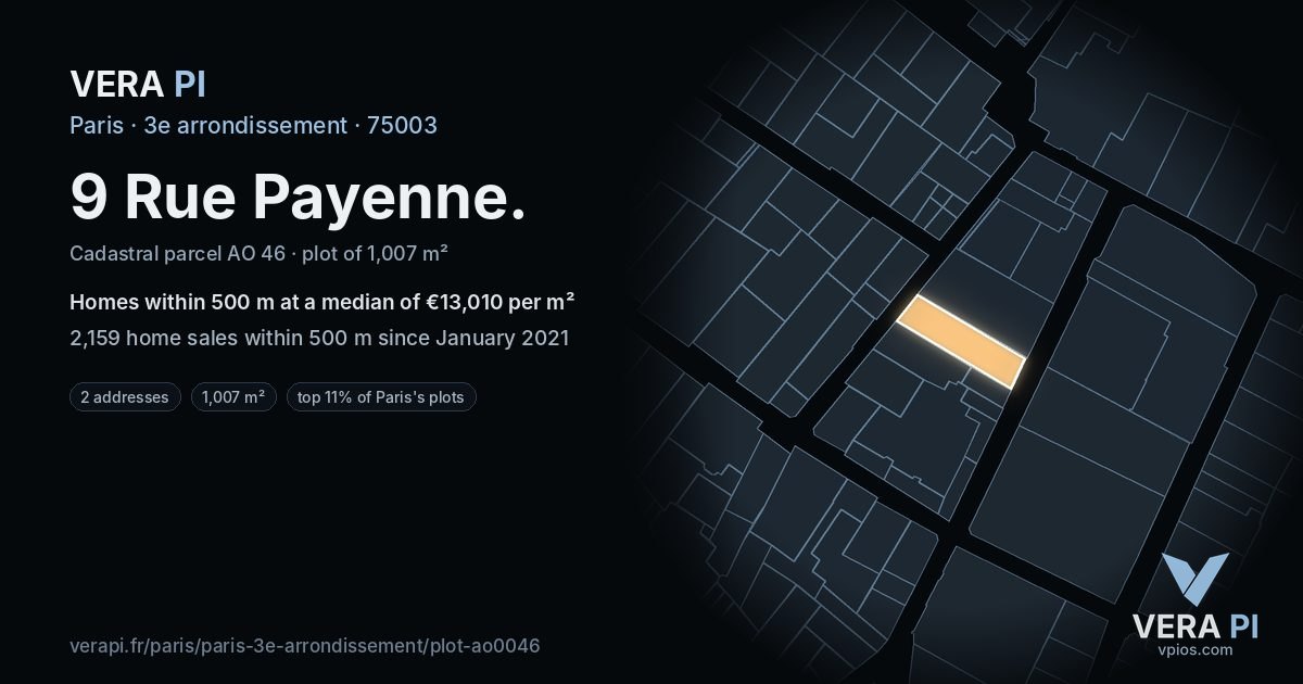 9 Rue Payenne, 3e arrondissement at night – the plot lit, the parcels around coloured by the prices near them