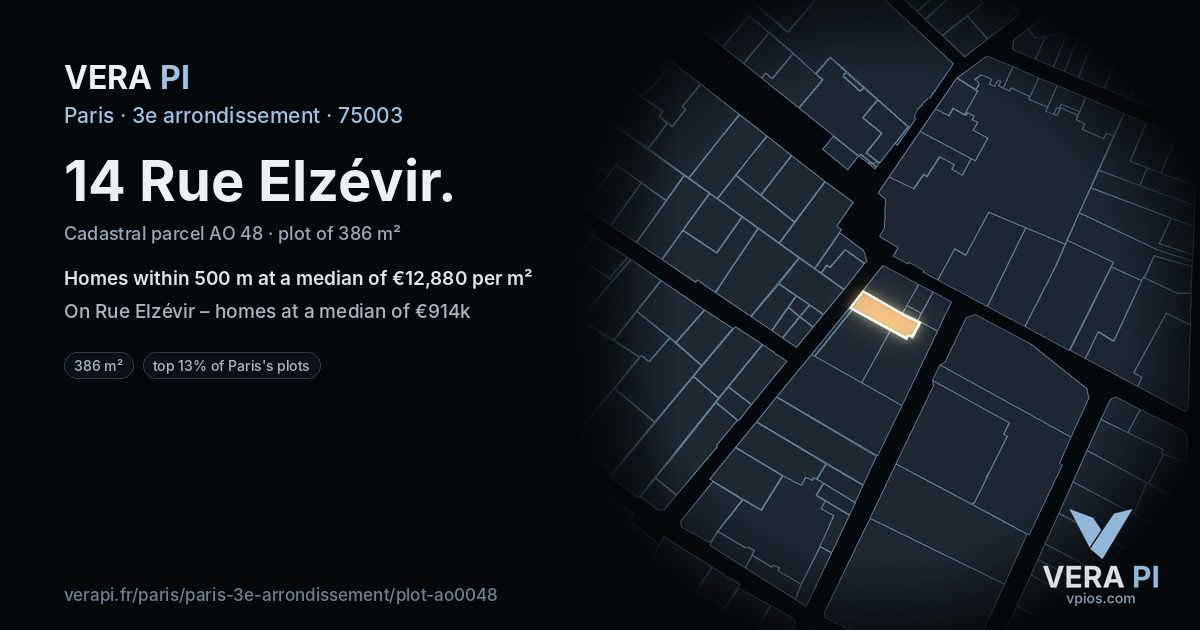 14 Rue Elzévir, 3e arrondissement at night – the plot lit, the parcels around coloured by the prices near them
