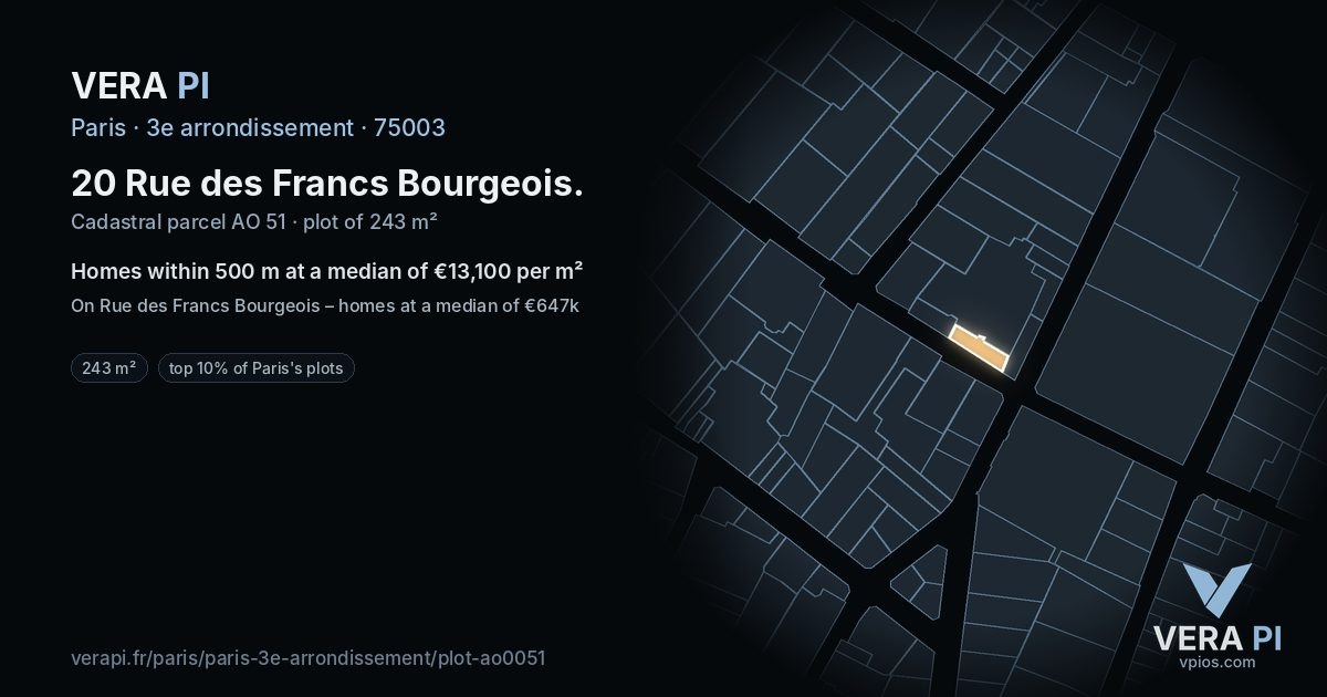 20 Rue des Francs Bourgeois, 3e arrondissement at night – the plot lit, the parcels around coloured by the prices near them