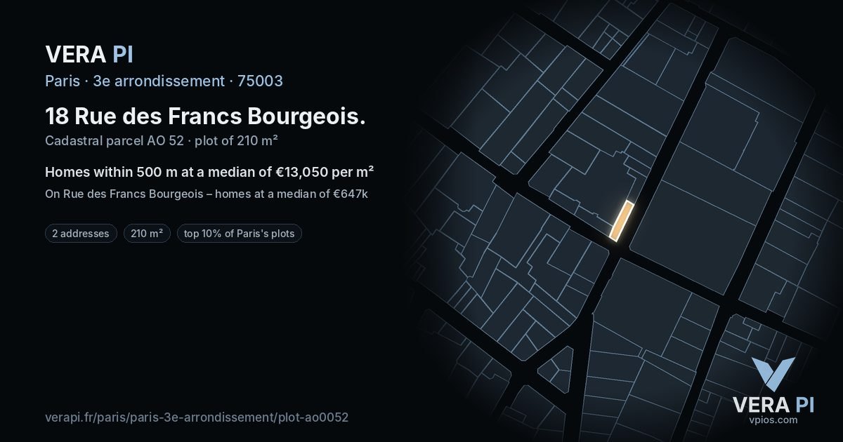 18 Rue des Francs Bourgeois, 3e arrondissement at night – the plot lit, the parcels around coloured by the prices near them