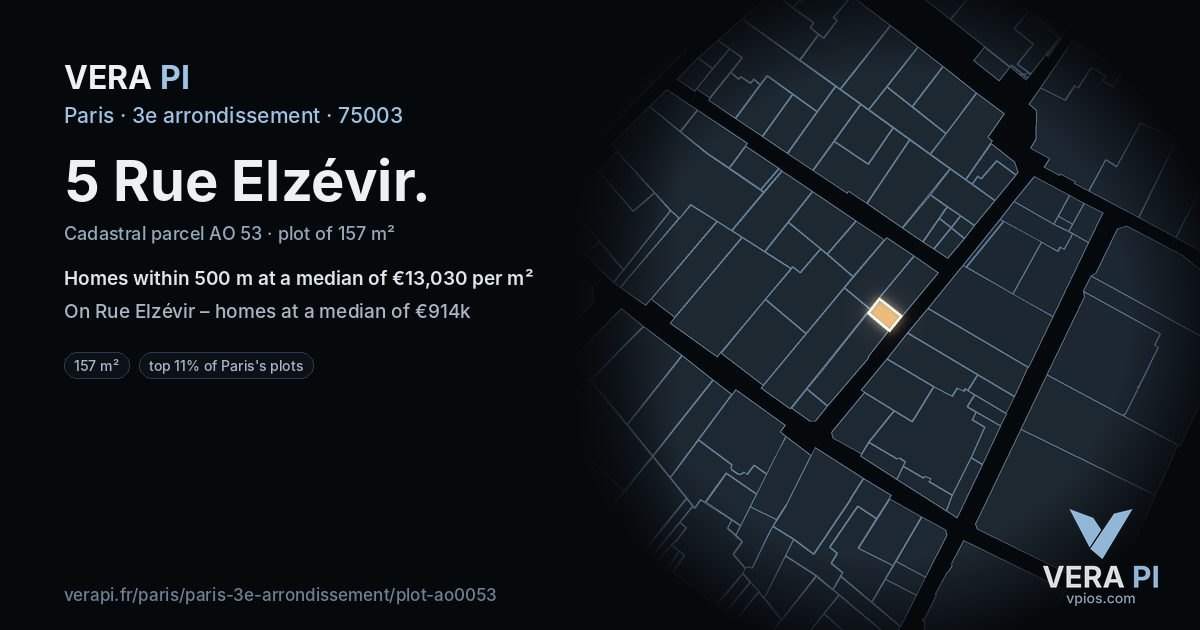 5 Rue Elzévir, 3e arrondissement at night – the plot lit, the parcels around coloured by the prices near them