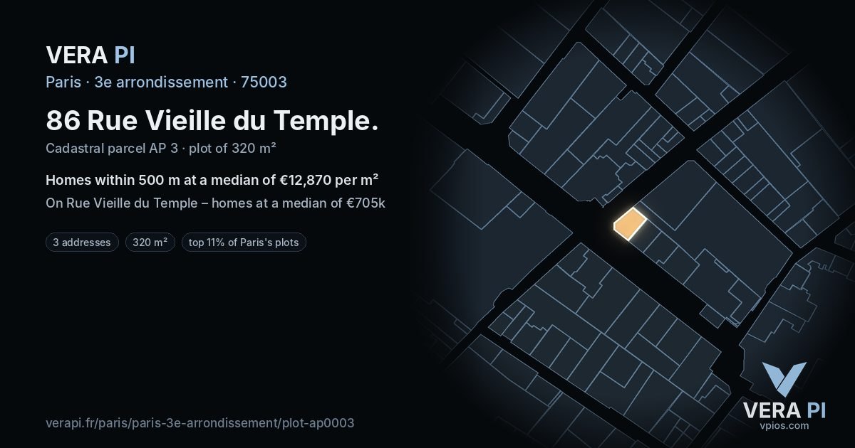 86 Rue Vieille du Temple, 3e arrondissement at night – the plot lit, the parcels around coloured by the prices near them