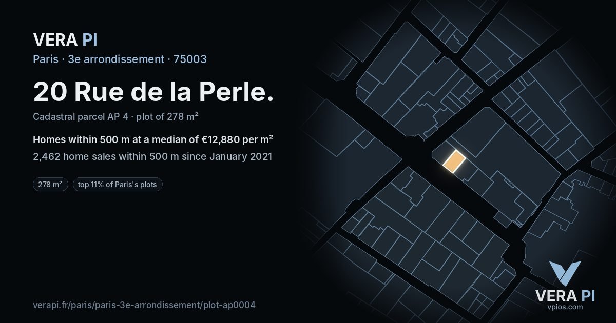 20 Rue de la Perle, 3e arrondissement at night – the plot lit, the parcels around coloured by the prices near them