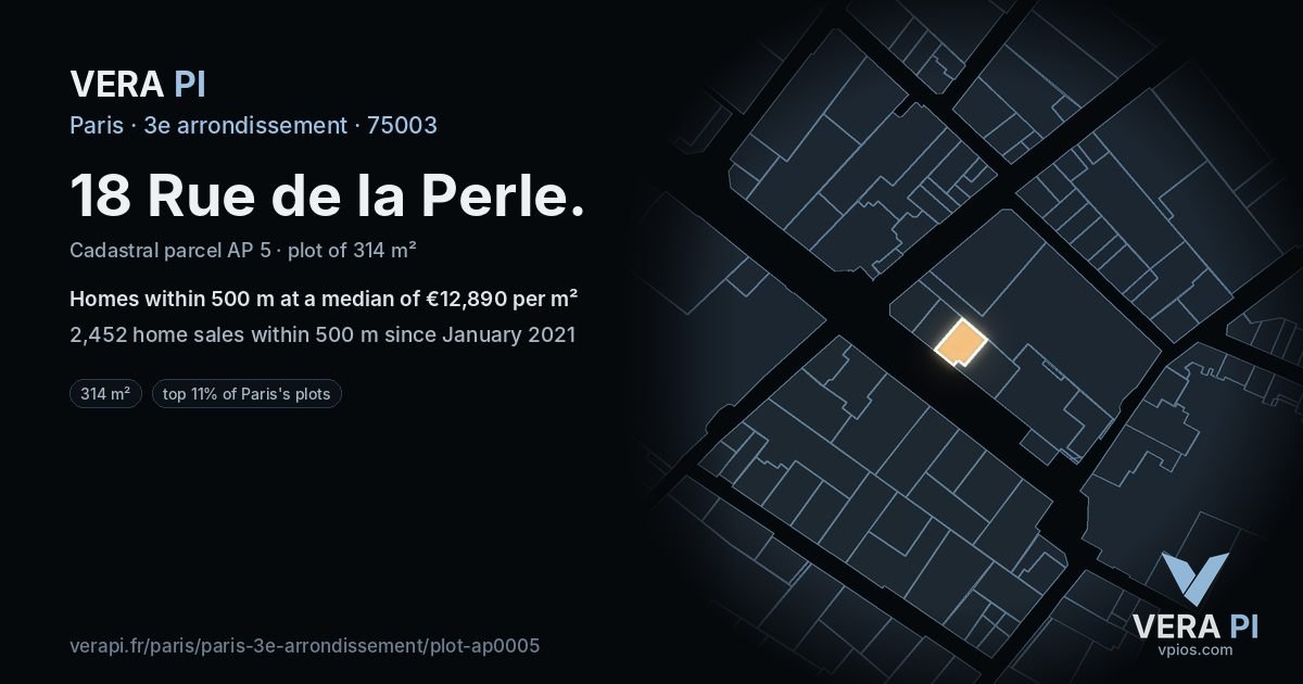 18 Rue de la Perle, 3e arrondissement at night – the plot lit, the parcels around coloured by the prices near them