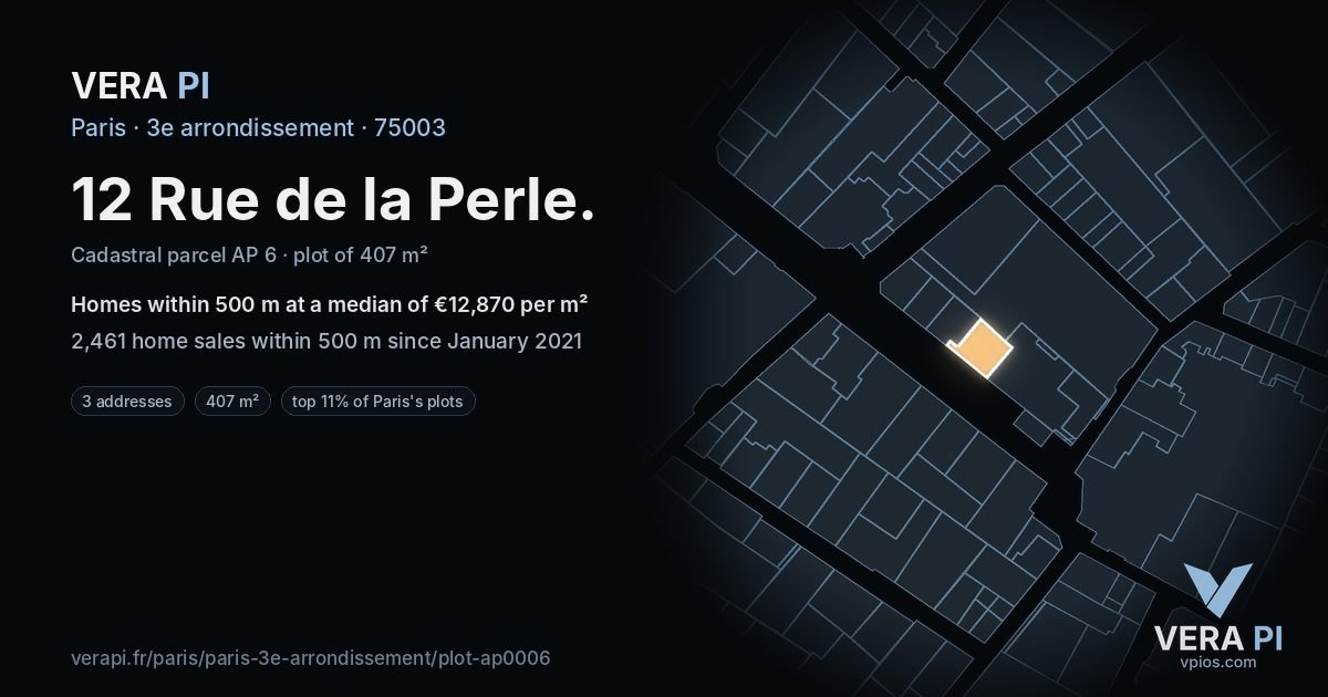 12 Rue de la Perle, 3e arrondissement at night – the plot lit, the parcels around coloured by the prices near them