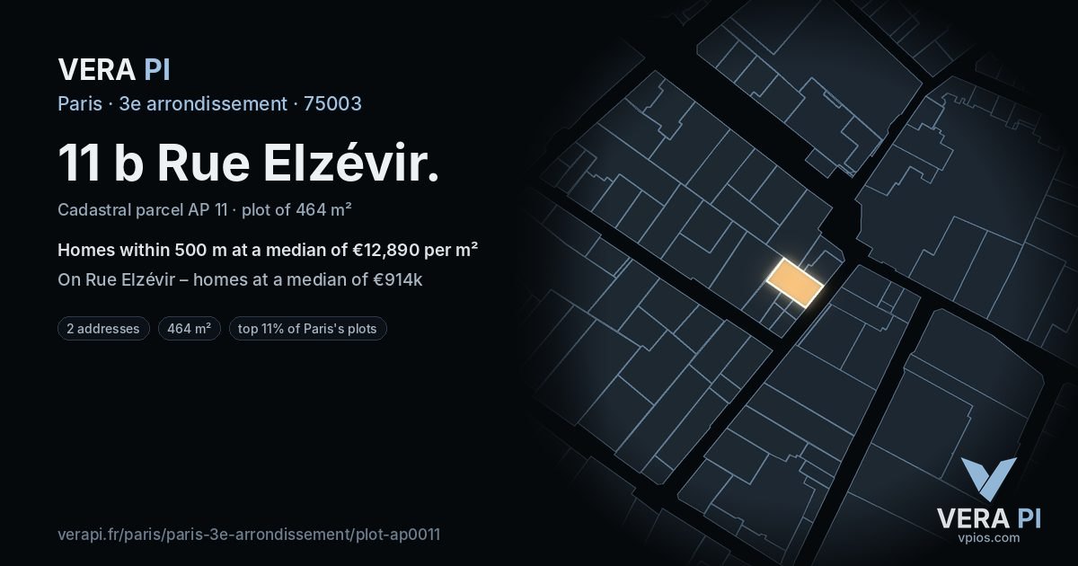 11 b Rue Elzévir, 3e arrondissement at night – the plot lit, the parcels around coloured by the prices near them