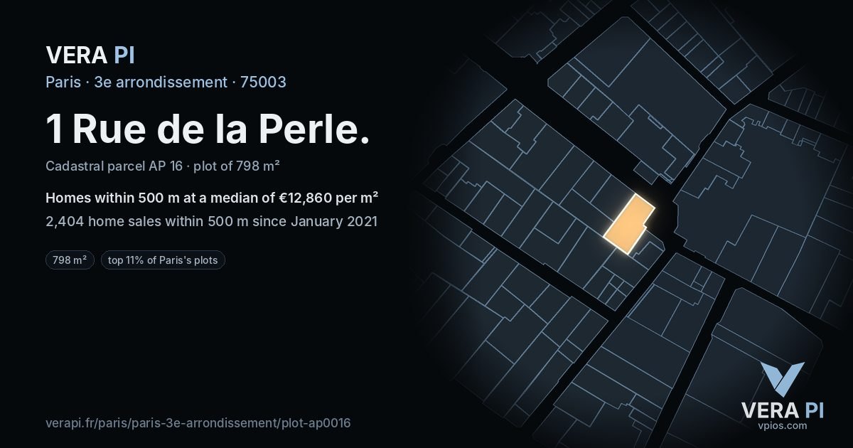 1 Rue de la Perle, 3e arrondissement at night – the plot lit, the parcels around coloured by the prices near them
