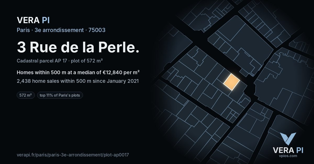 3 Rue de la Perle, 3e arrondissement at night – the plot lit, the parcels around coloured by the prices near them