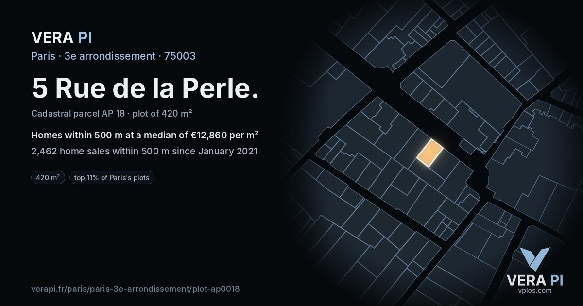 5 Rue de la Perle, 3e arrondissement at night – the plot lit, the parcels around coloured by the prices near them