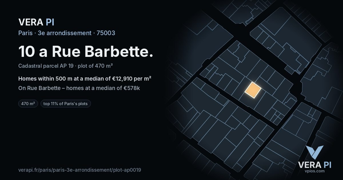 10 a Rue Barbette, 3e arrondissement at night – the plot lit, the parcels around coloured by the prices near them