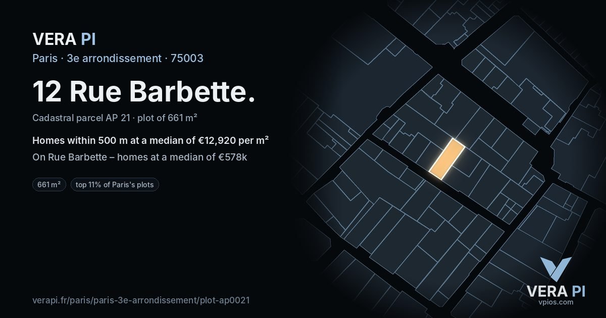 12 Rue Barbette, 3e arrondissement at night – the plot lit, the parcels around coloured by the prices near them