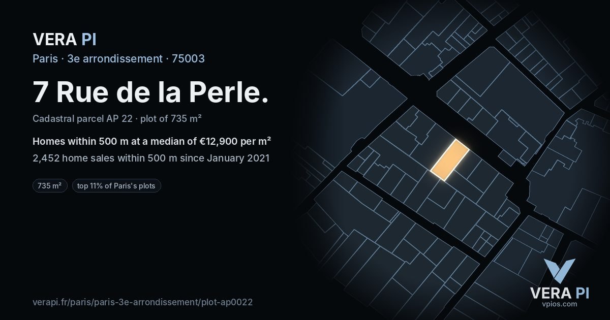 7 Rue de la Perle, 3e arrondissement at night – the plot lit, the parcels around coloured by the prices near them