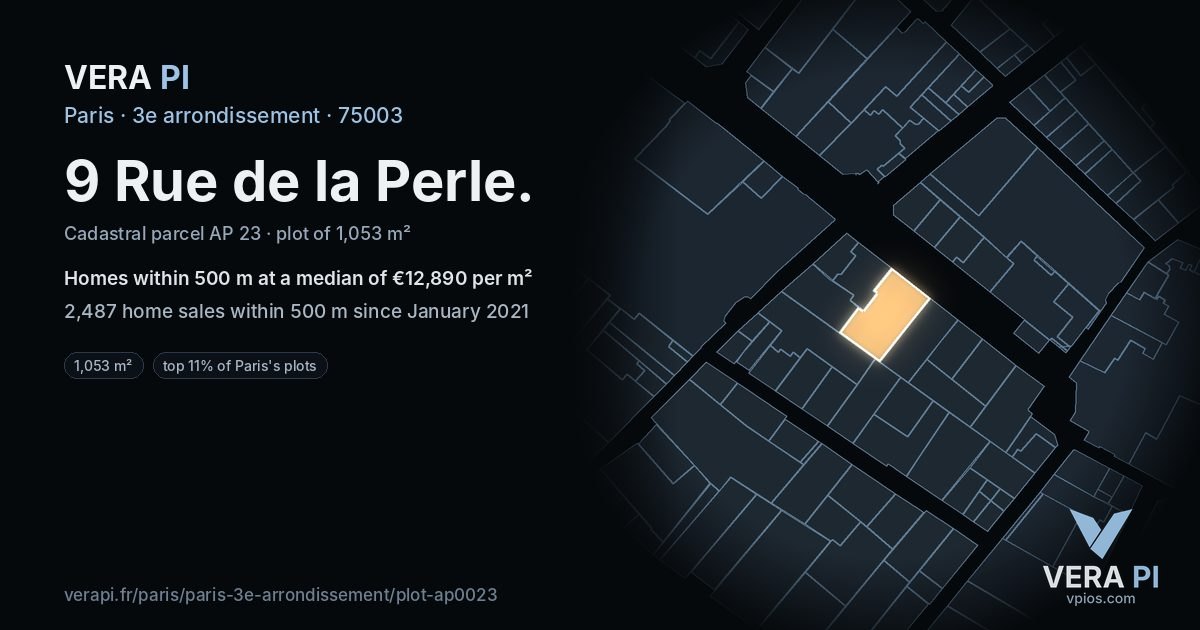 9 Rue de la Perle, 3e arrondissement at night – the plot lit, the parcels around coloured by the prices near them