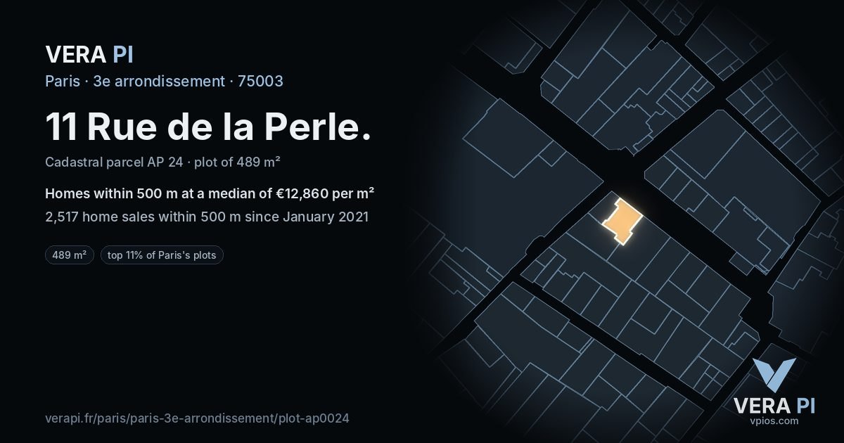 11 Rue de la Perle, 3e arrondissement at night – the plot lit, the parcels around coloured by the prices near them