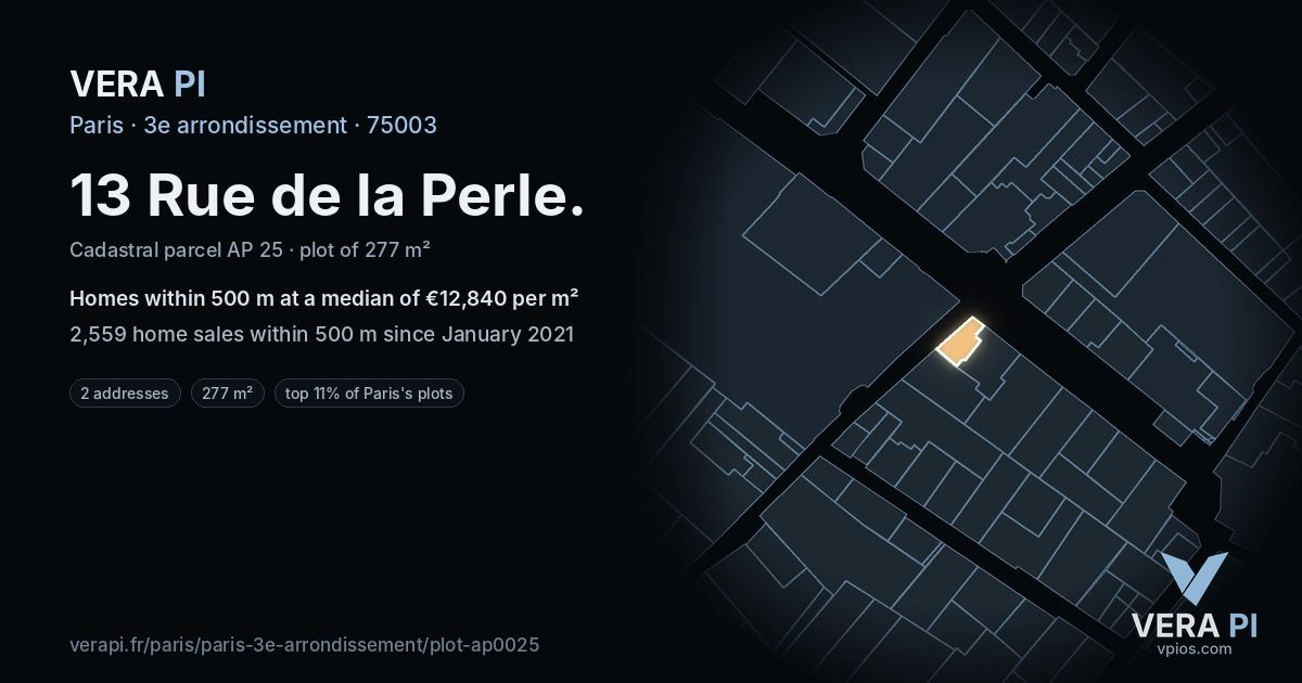 13 Rue de la Perle, 3e arrondissement at night – the plot lit, the parcels around coloured by the prices near them