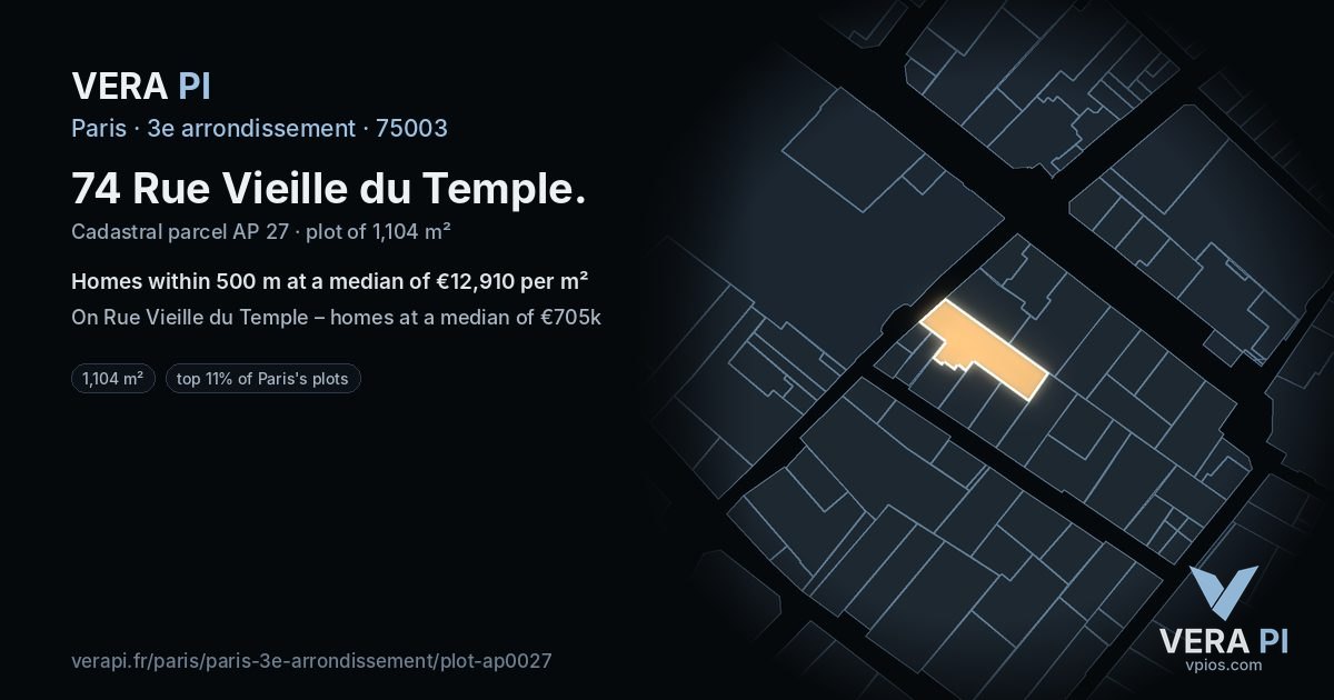 74 Rue Vieille du Temple, 3e arrondissement at night – the plot lit, the parcels around coloured by the prices near them