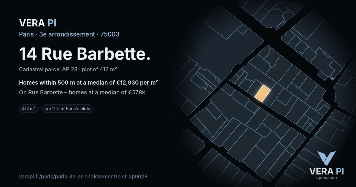 14 Rue Barbette, 3e arrondissement at night – the plot lit, the parcels around coloured by the prices near them