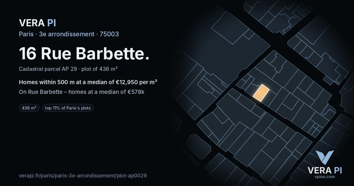 16 Rue Barbette, 3e arrondissement at night – the plot lit, the parcels around coloured by the prices near them