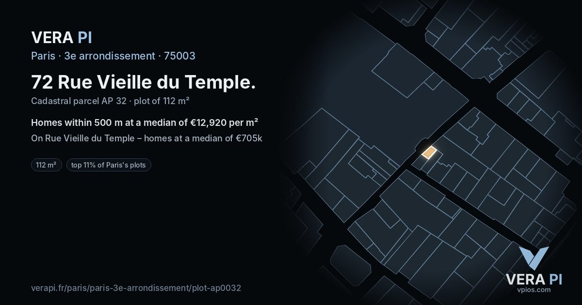 72 Rue Vieille du Temple, 3e arrondissement at night – the plot lit, the parcels around coloured by the prices near them