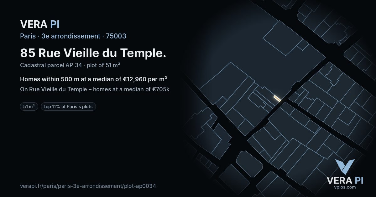 85 Rue Vieille du Temple, 3e arrondissement at night – the plot lit, the parcels around coloured by the prices near them