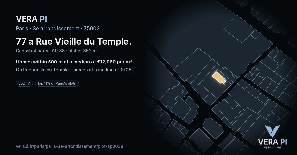 77 a Rue Vieille du Temple, 3e arrondissement at night – the plot lit, the parcels around coloured by the prices near them
