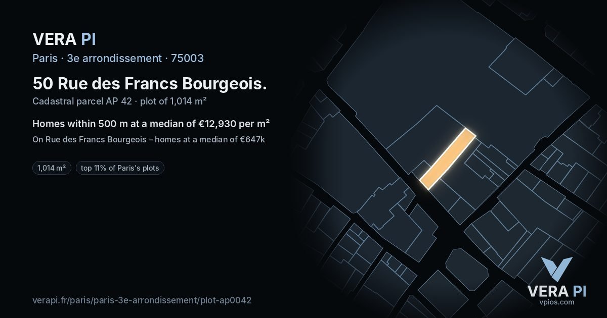 50 Rue des Francs Bourgeois, 3e arrondissement at night – the plot lit, the parcels around coloured by the prices near them