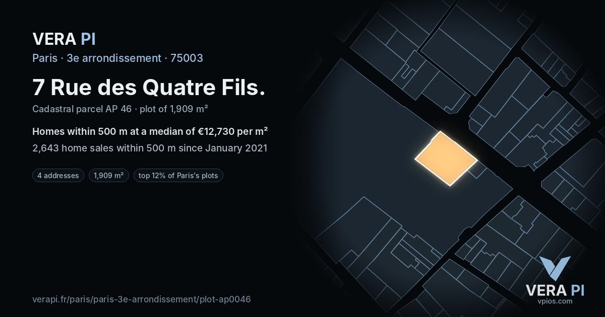 7 Rue des Quatre Fils, 3e arrondissement at night – the plot lit, the parcels around coloured by the prices near them