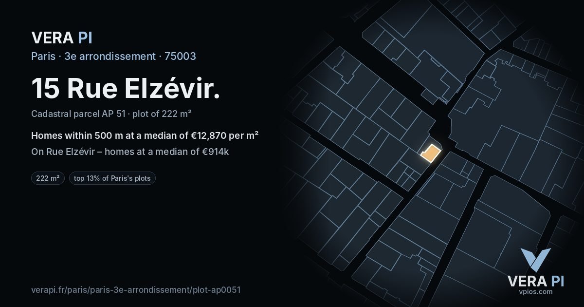 15 Rue Elzévir, 3e arrondissement at night – the plot lit, the parcels around coloured by the prices near them