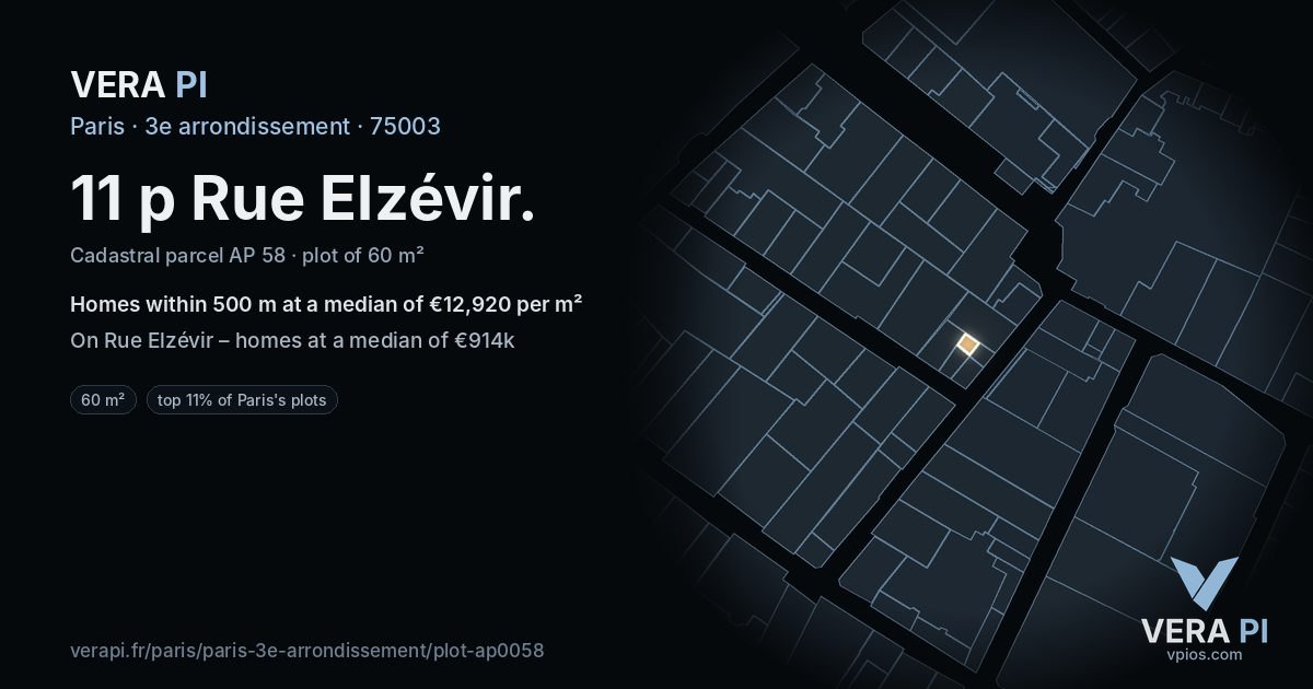 11 p Rue Elzévir, 3e arrondissement at night – the plot lit, the parcels around coloured by the prices near them