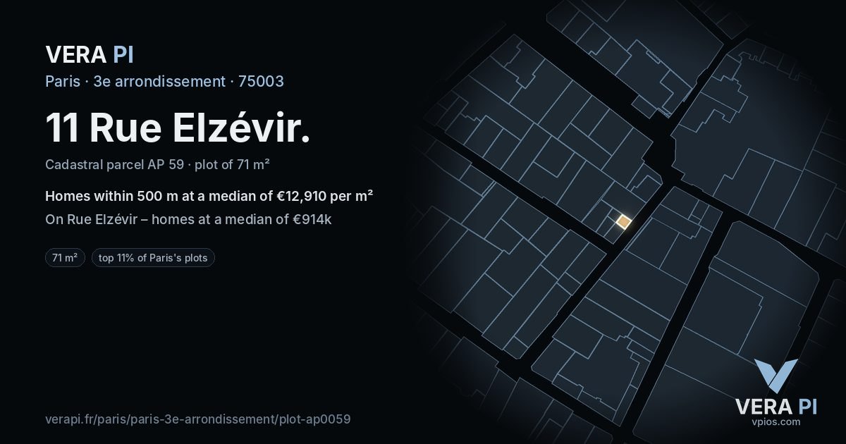 11 Rue Elzévir, 3e arrondissement at night – the plot lit, the parcels around coloured by the prices near them