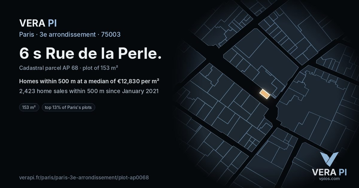 6 s Rue de la Perle, 3e arrondissement at night – the plot lit, the parcels around coloured by the prices near them