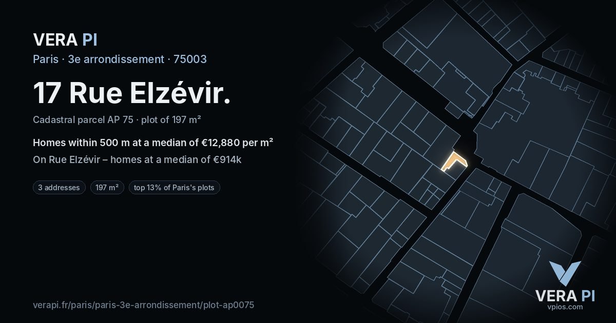 17 Rue Elzévir, 3e arrondissement at night – the plot lit, the parcels around coloured by the prices near them