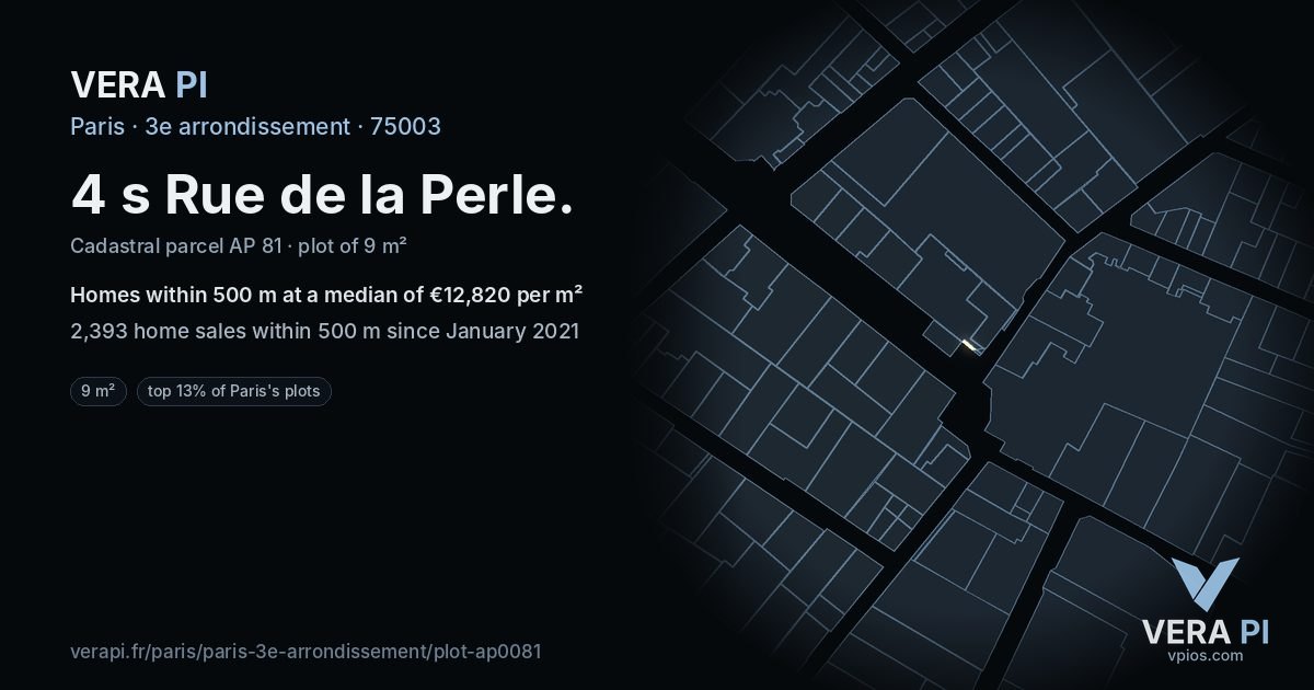 4 s Rue de la Perle, 3e arrondissement at night – the plot lit, the parcels around coloured by the prices near them