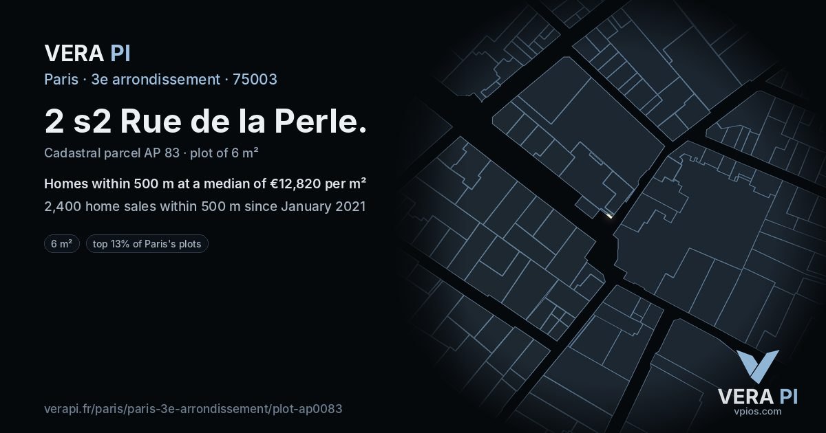 2 s2 Rue de la Perle, 3e arrondissement at night – the plot lit, the parcels around coloured by the prices near them
