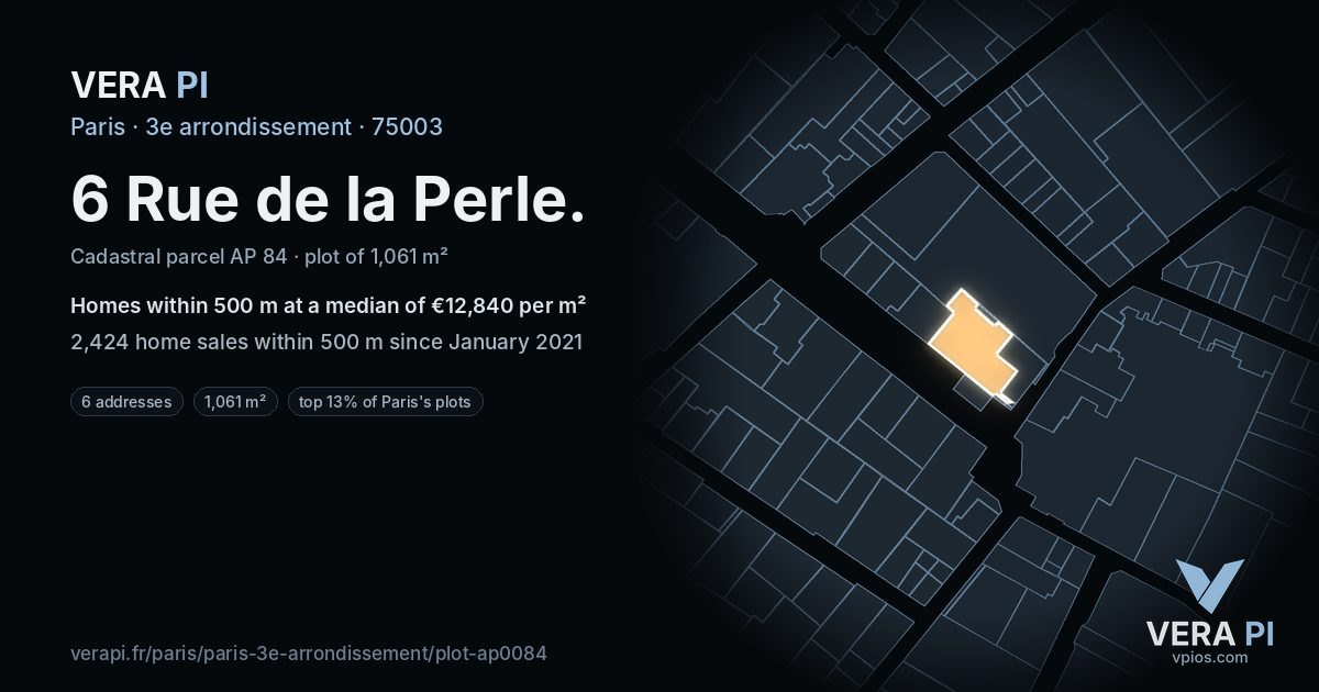 6 Rue de la Perle, 3e arrondissement at night – the plot lit, the parcels around coloured by the prices near them