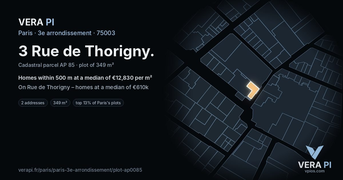 3 Rue de Thorigny, 3e arrondissement at night – the plot lit, the parcels around coloured by the prices near them