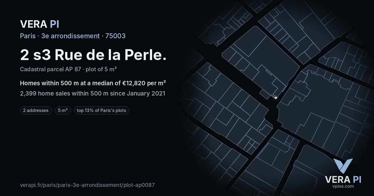 2 s3 Rue de la Perle, 3e arrondissement at night – the plot lit, the parcels around coloured by the prices near them